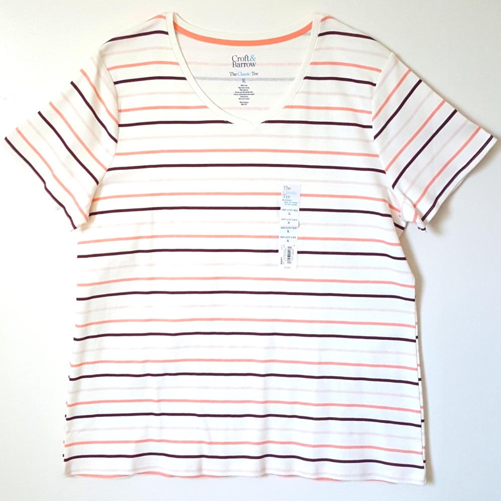 NWT Croft & Barrow The Classic Tee white orange maroon beige stripes
